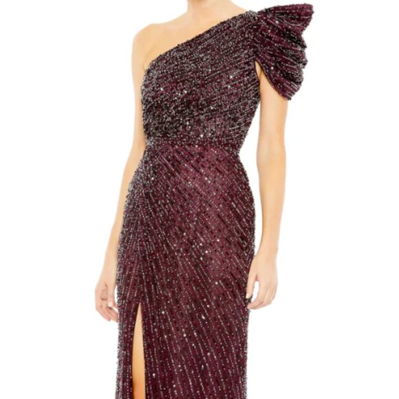 MAC DUGGAL 5622 EMBELLISHED PUFF ONE SHOULDER BLACKBERRY GOWN
